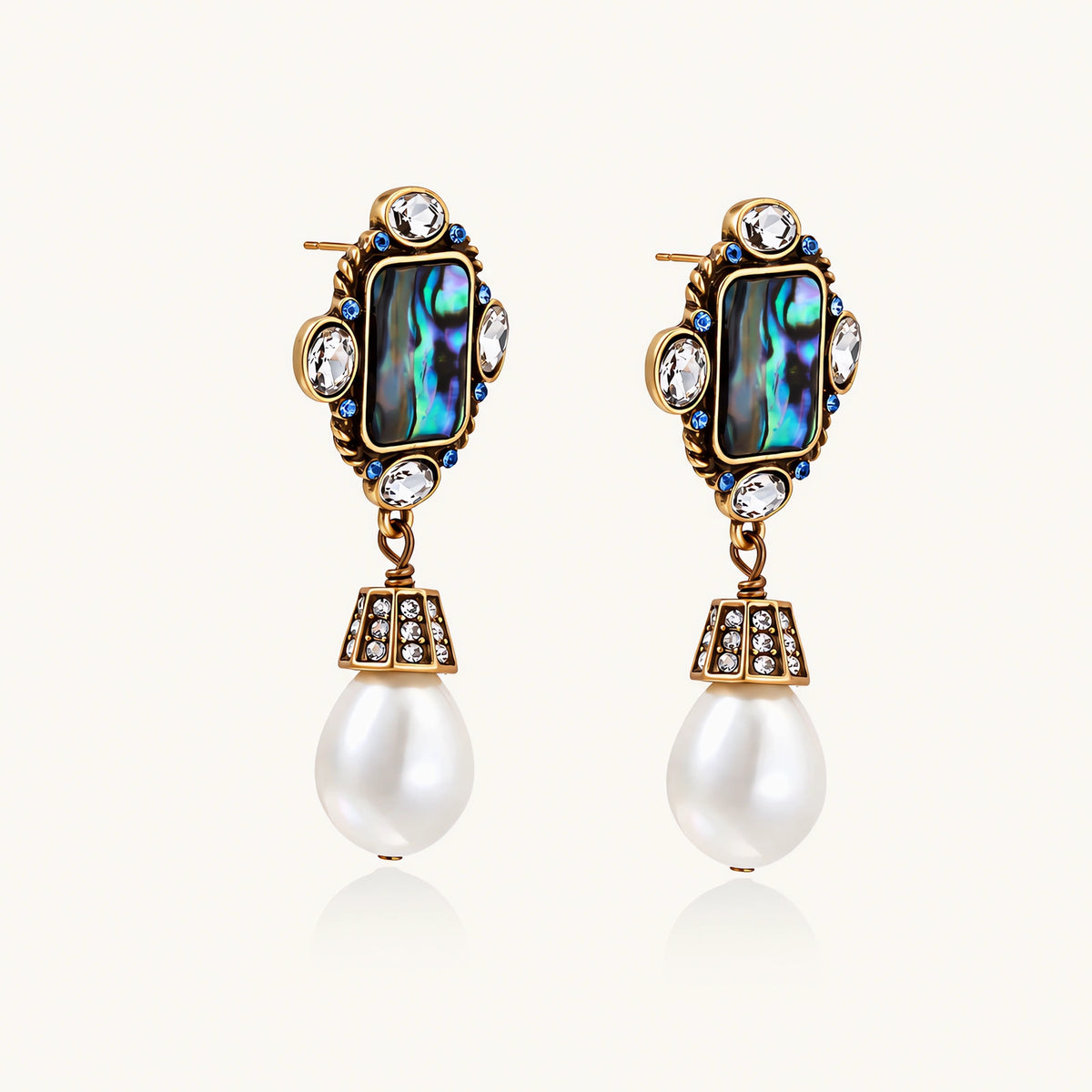 Pair of vintage-style gold plated drop earrings with iridescent abalone shell panels, clear and blue crystals, and white teardrop beads.